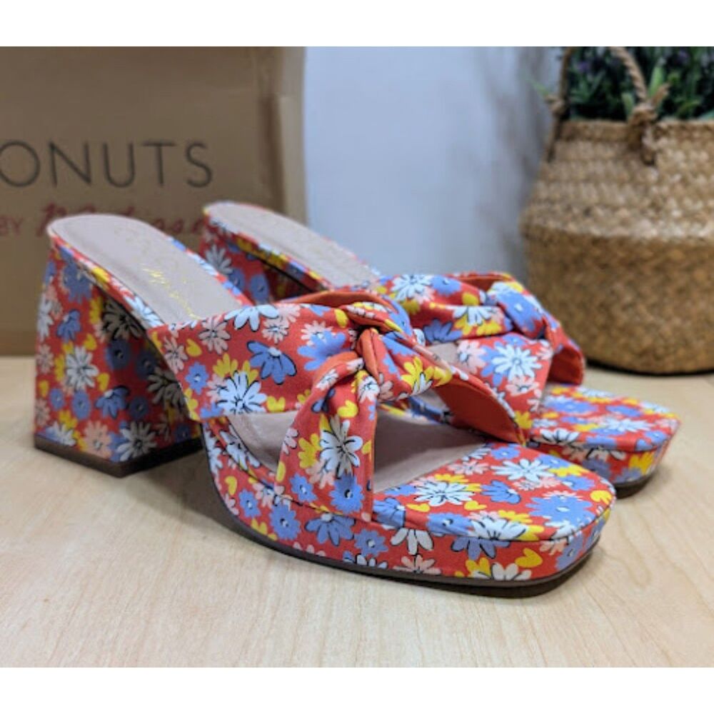 Coconuts by Matisse Red Floral Esme Knot Slide Heeled Dress Sandals Size 9 NIB